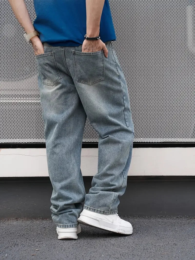 Saashi Men's Casual Light Blue Straight Wash Loose Fit Oblique Pocket Denim.