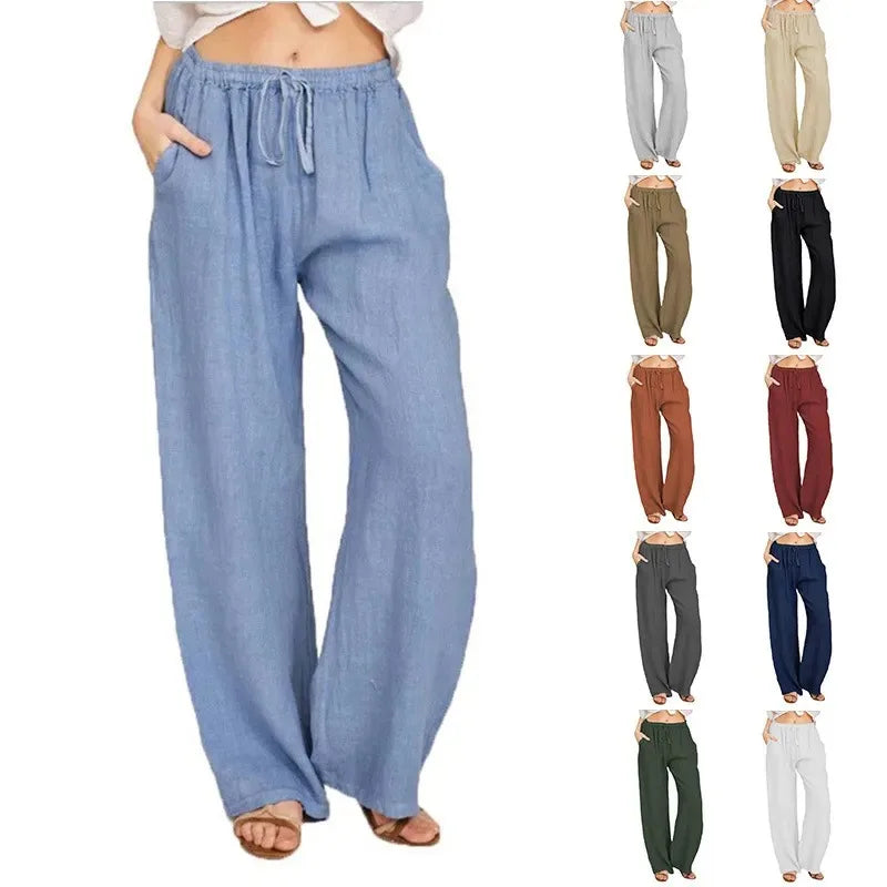 Saashi Cotton Linen Wide Leg Pants for Women Casual Loose Fit Elastic Waist Pocket Trousers