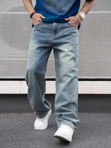 Saashi Men's Casual Light Blue Straight Wash Loose Fit Oblique Pocket Denim.