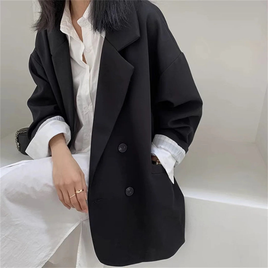 Saashi Women's Vintage Brown Elegant Official Long Sleeve Oversized Chic Casual Blazer