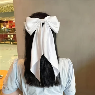 Saashi 2Pcs Solid Black White Ribbon Bow Korean Large Hair Clips Thick.