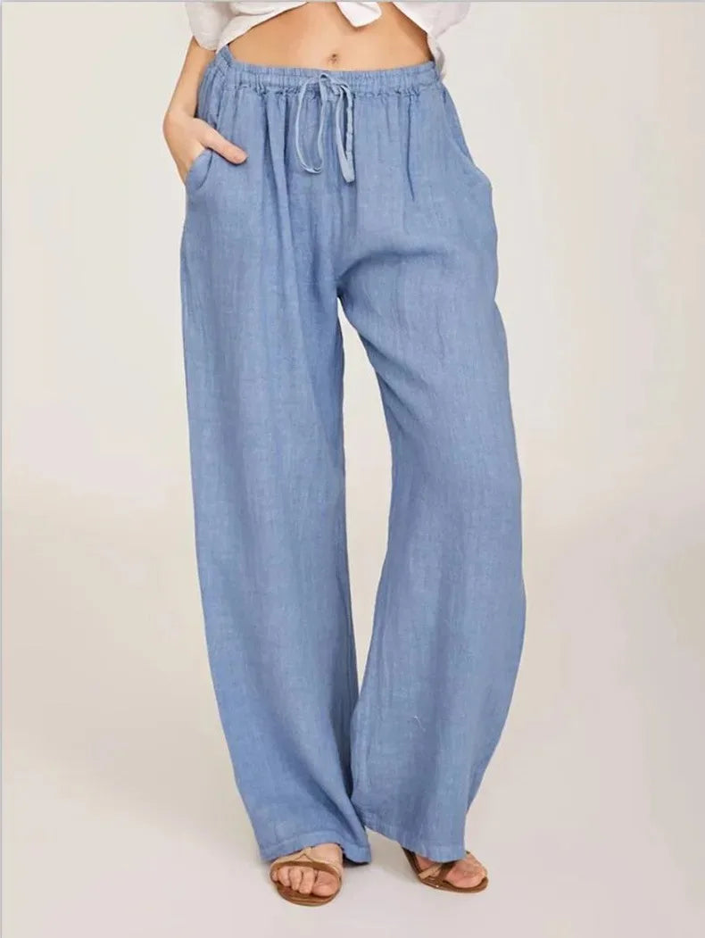 Saashi Cotton Linen Wide Leg Pants for Women Casual Loose Fit Elastic Waist Pocket Trousers