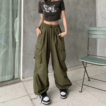 Saashi Women's Casual Low Waist Joggers Tech Pants Drawstring Wide Leg Baggy