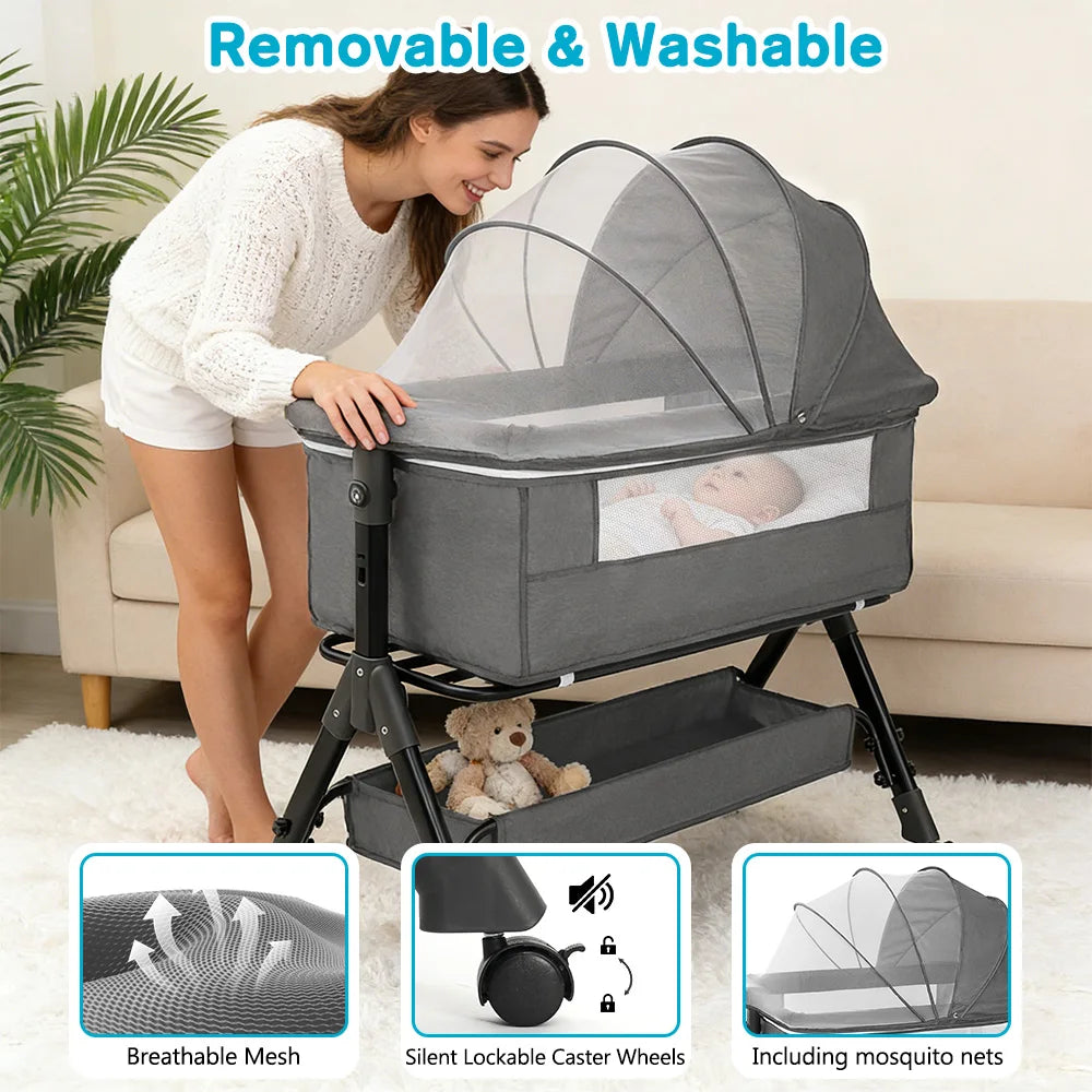 Saashi Height Adjustable Baby Bedside Bassinet with Mosquito Canopy