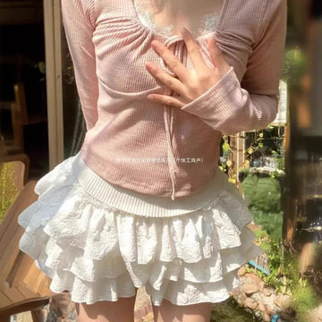 Saashi Women's Kawaii Lolita Ruffles Layered High Waist White Pleated Mini Skirt