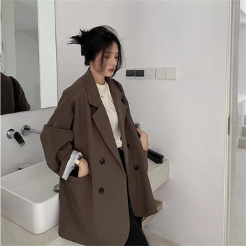 Saashi Women's Vintage Brown Elegant Official Long Sleeve Oversized Chic Casual Blazer