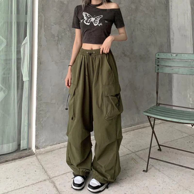 Saashi Women's Casual Low Waist Joggers Tech Pants Drawstring Wide Leg Baggy