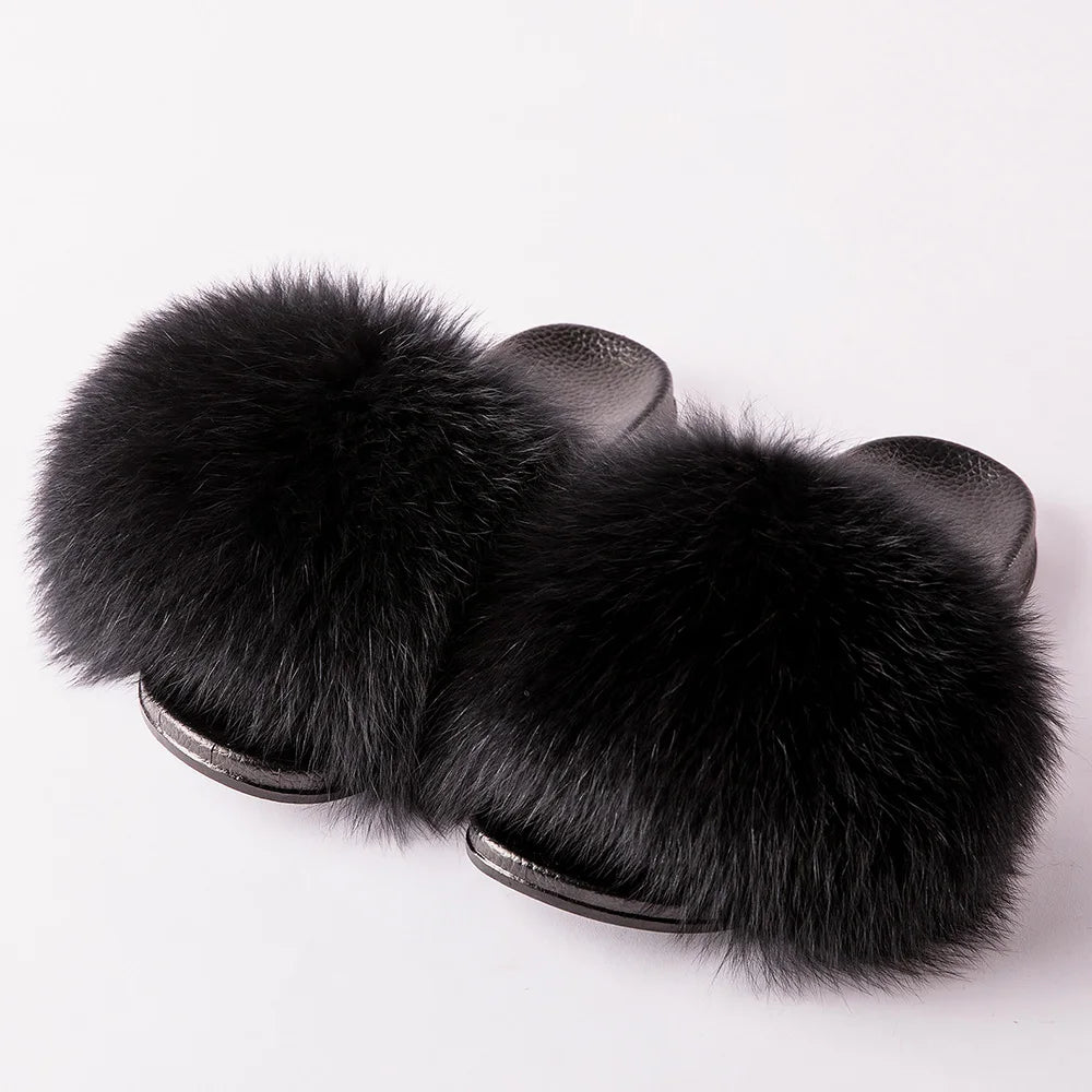 Saashi Women's Luxury Real Fox Fur Slides, Designer Furry Sandals for Plus Size