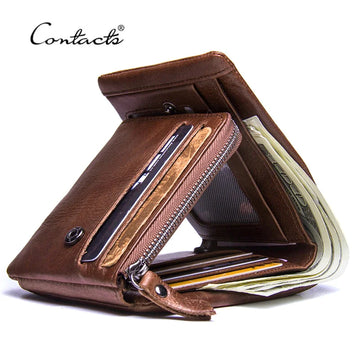 Saashi Men's Genuine Crazy Horse Vintage Cowhide Leather Trifold Zip Coin Wallet.