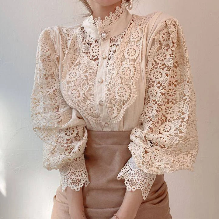 Saashi Women’s Chiffon Button Turtleneck Shirt – Elegant Floral Lace Oversize White Blouse