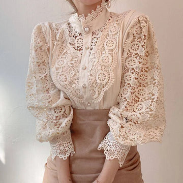 Saashi Women’s Chiffon Button Turtleneck Shirt – Elegant Floral Lace Oversize White Blouse