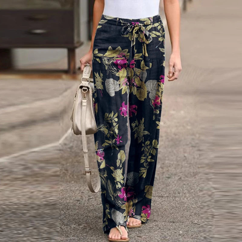 Saashi Vintage Floral Wide Leg Pants for Women Drawstring Waist Casual Loose Fit Trousers