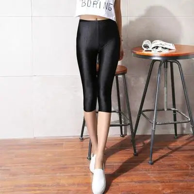 Saashi Women's Knee-Length Capris: Slim-Fit, Shiny Leggings with Lace Trim