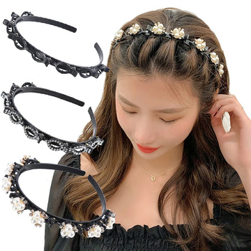 Saashi Double Layer Bands Plastic Braided Headband Fashion Punk Knitting Pearl Headwear.