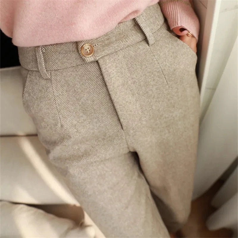 Saashi Women's Autumn Winter High Waisted Woolen Harem Pencil Office Suit Trousers.