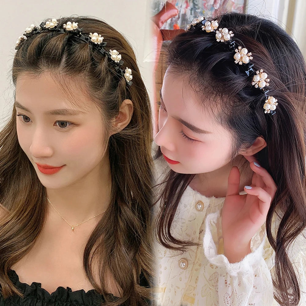 Saashi Double Layer Bands Plastic Braided Headband Fashion Punk Knitting Pearl Headwear.