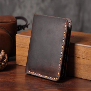 Saashi Handmade Vintage Crazy Horse Genuine Leather Men's Short Card Wallet Money Clip.