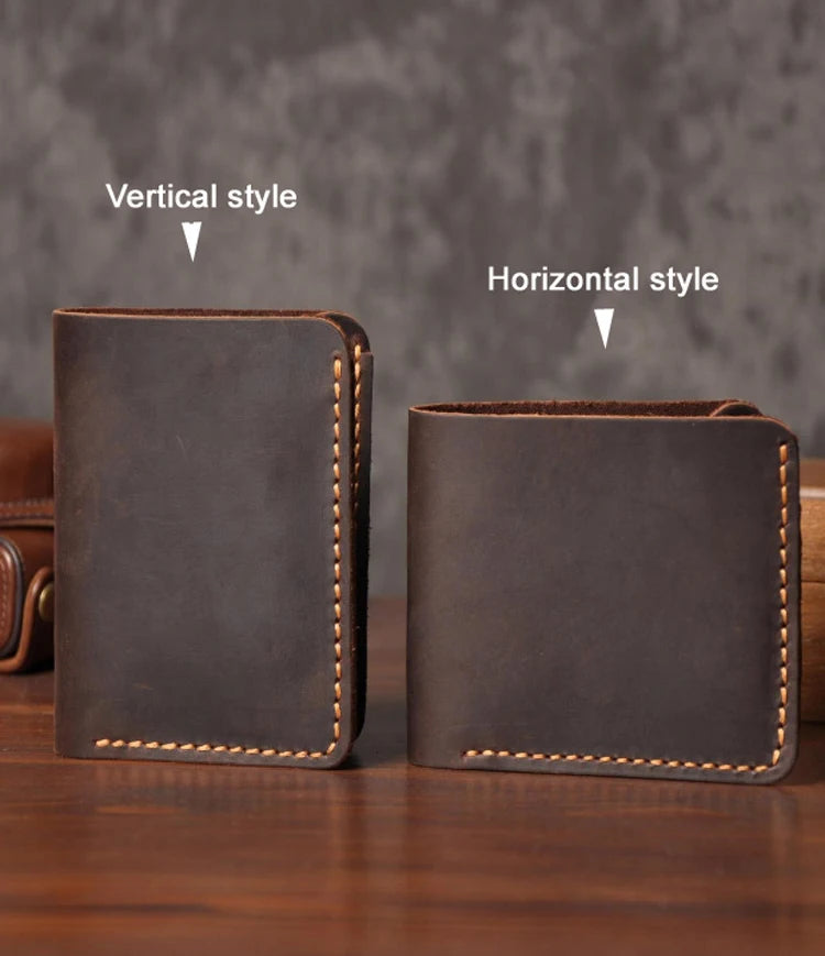 Saashi Handmade Vintage Crazy Horse Genuine Leather Men's Short Card Wallet Money Clip.