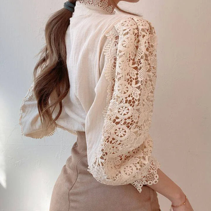 Saashi Women’s Chiffon Button Turtleneck Shirt – Elegant Floral Lace Oversize White Blouse