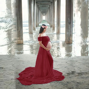 Saashi Pink Maternity Dress - Chiffon, Short Sleeve, Photo Shoot