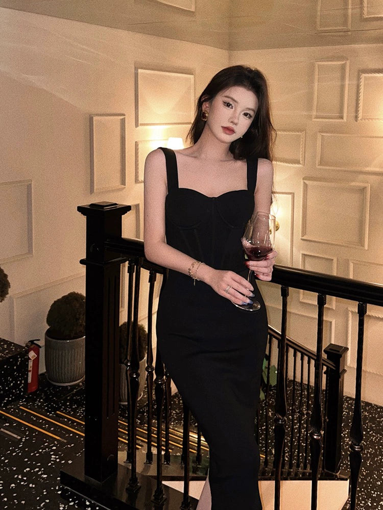 Saashi Black Fishbone Slip Dress - Daily Party, Classy Hepburn Style, Light Luxury