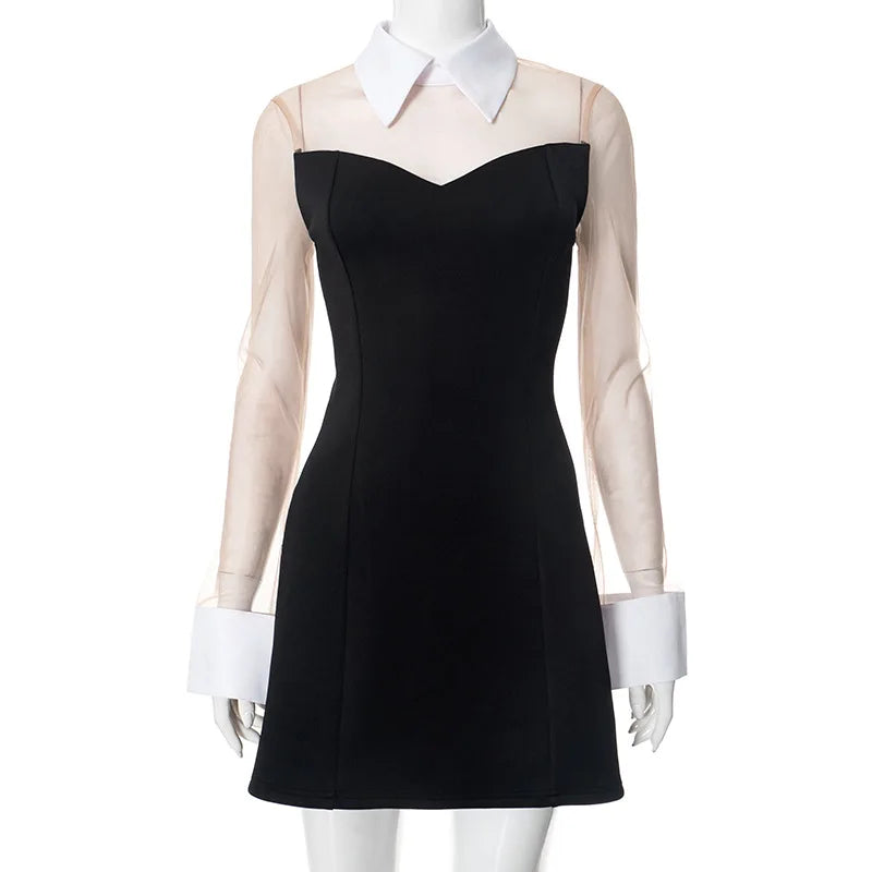 Saashi See-Through Mesh Pullover Dress with Collar, Sexy Clubwear Look