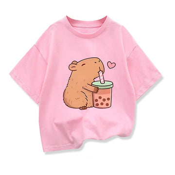 Saashi Girls Capybara Cartoon T-Shirt – Cute Printed Short Sleeve Summer Tee
