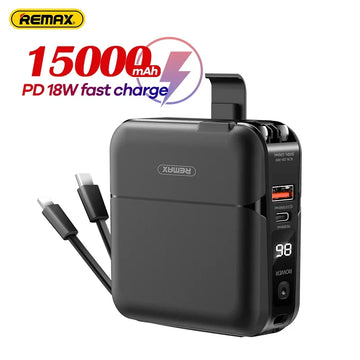 Saashi Portable Charger - Remax 15000mAh, Fast Charging, Built-in Cables