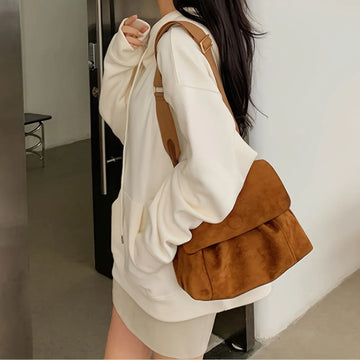 Saashi Women's Suede Leather Shoulder Bag Magnetic Button Large Capacity Velvet Tote.