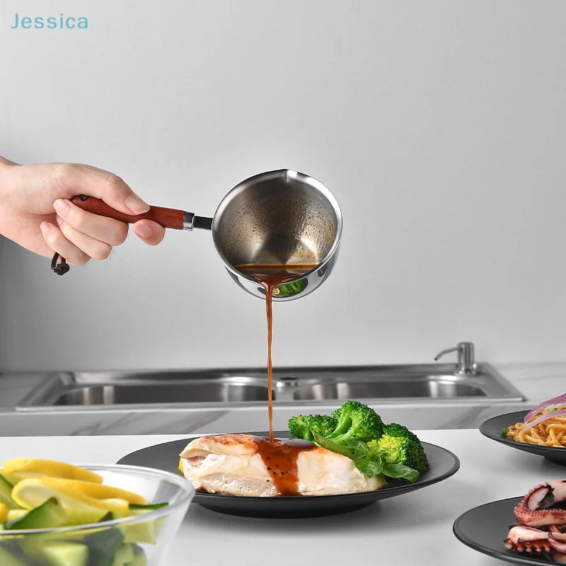 Saashi Stainless Steel Oil Pouring Pot with Wooden Handle
