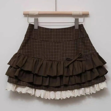 Saashi Women's Japanese Y2k Cute Ruffled Plaid Punk Rock Preppy Cake Skirt