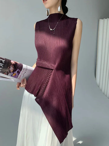 Saashi Women’s Pleated Vest Asymmetric Design Sleeveless Round Neck Slim Fit Top