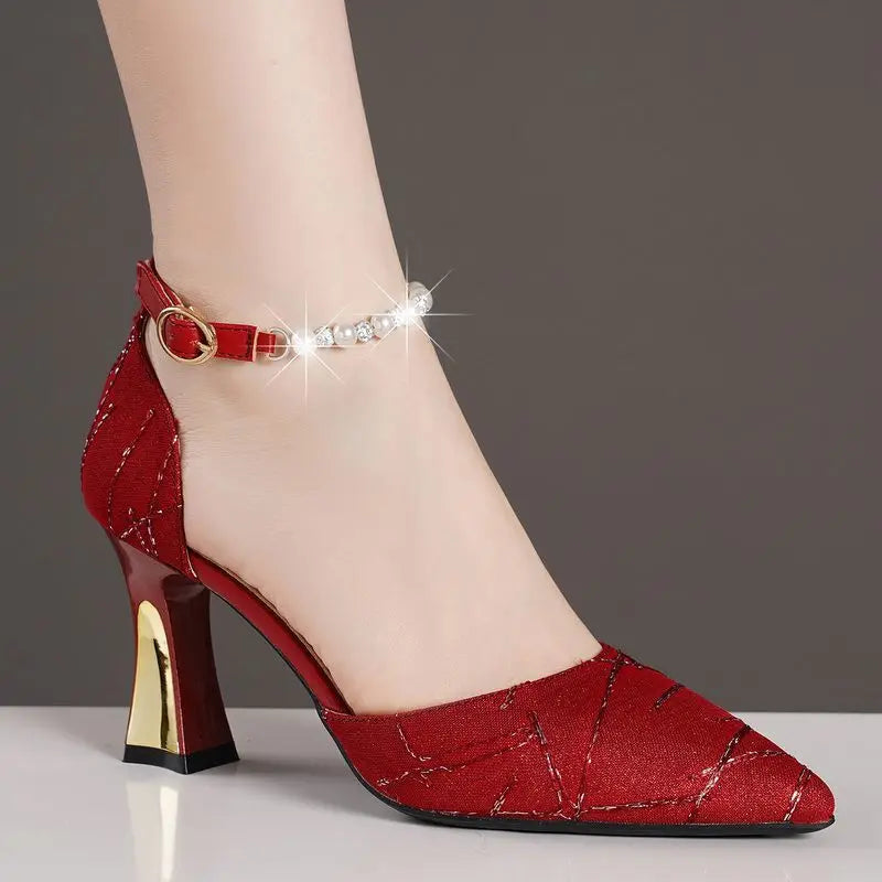Saashi Women's Luxury Beaded Mary Jane Pumps with Pointed Toe High Heels