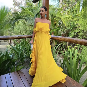 Saashi Women's Summer Holiday Orange Pleated Chiffon Ruffled Strapless Beach Party Dress.