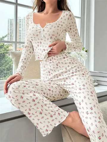 Saashi Apricot Ditsy Floral Long Sleeve Pajama Set