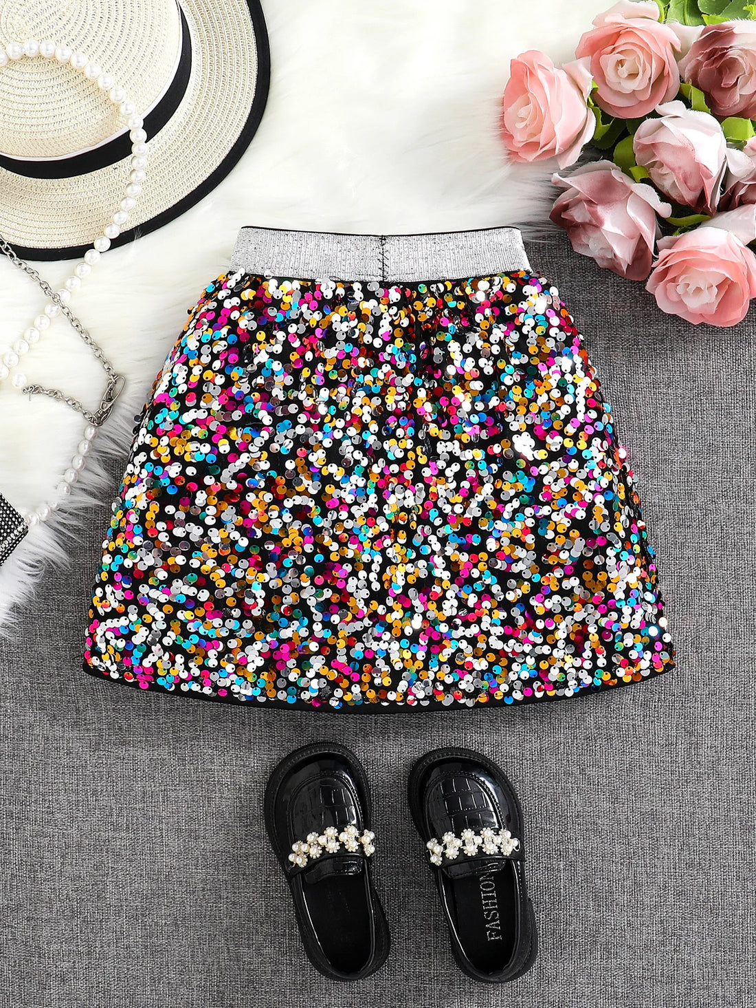 Spring and Autumn New Shiny Sequin A-line High-Waist Skirt for Girls; Single Piece