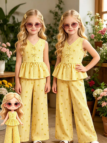 Saashi Girls Yellow Stripe Bow Peplum Top & Wide-Leg Pants Set