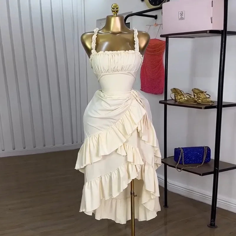 Saashi Strap Slash Neck Maxi Dress for Women with Ruffles Drawstring Ruched Detail Evening Outfit