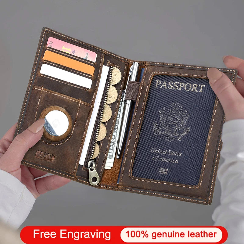 Saashi Genuine Leather Passport Wallet AirTag Slot Men Women Travel Cover Bag.