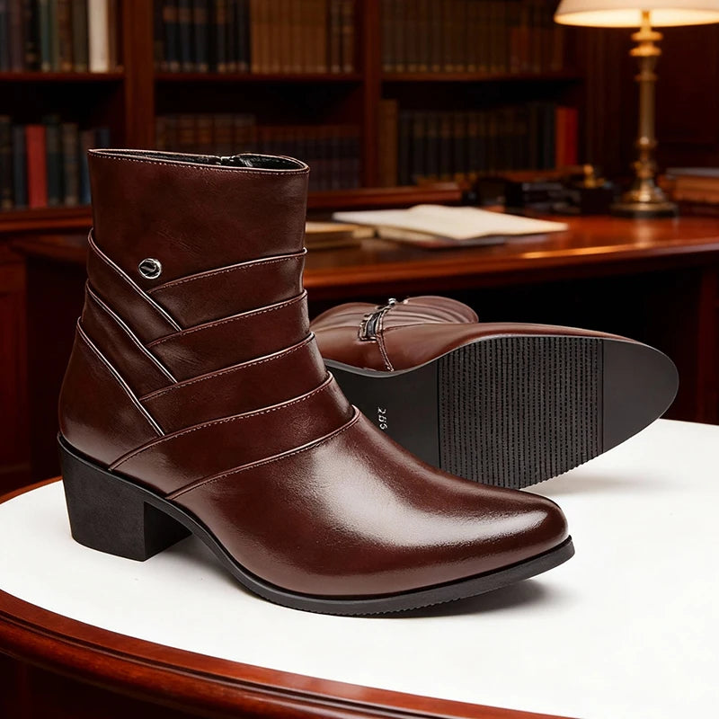 Saashi Luxury Men Leather Chelsea Boots High Top Buckle Strap Formal Black.