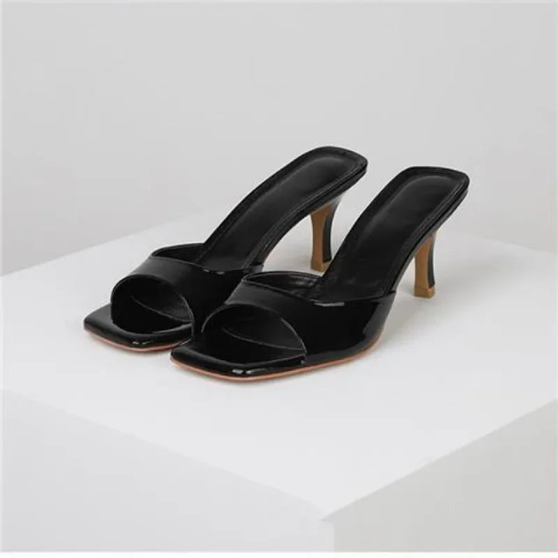 Saashi Women's Black High Heel Sandals with an Open Square Toe, Elegant and Comfortable