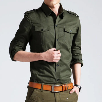 Saashi Labor Day Men’s Military-Style Long Sleeve Shirt – Casual Workwear Pocket Shirt