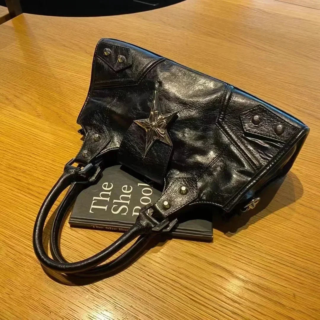 Saashi Y2K Korean Gothic Star Girl Black Shoulder Bag Vintage Grunge Punk Goth Bucket Tote Purse