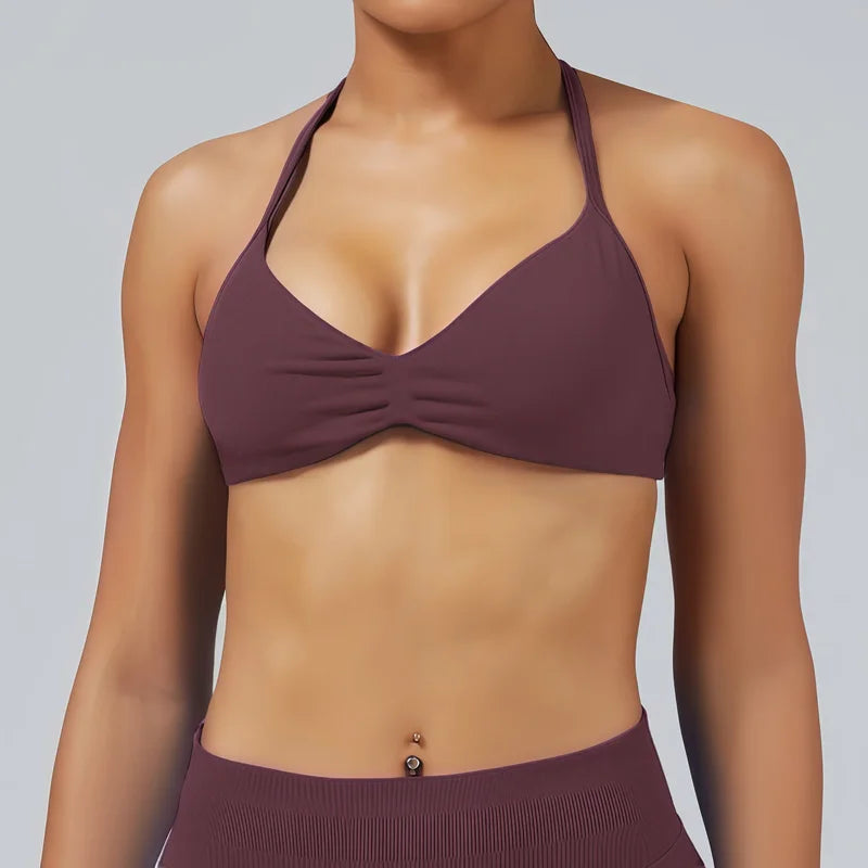 Saashi Solid Color Strappy Impact Sports Bra Seamless Yoga Fitness Halter Top for Running Gym