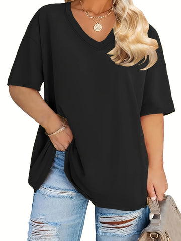Saashi Plus Size V-Neck T-Shirt for Women Solid Color Casual Soft Short Sleeve Top