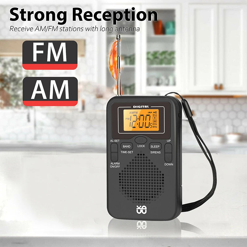 Saashi Portable Radio Mini AM FM Weather Pocket Player LCD Digital Alarm.