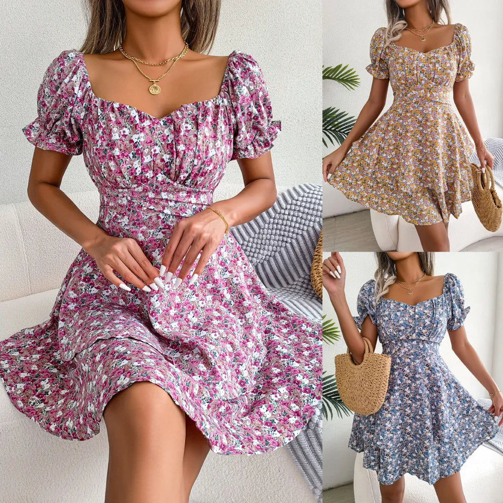 Saashi Floral V-Neck Summer Dress for Women Short Sleeve Casual Beach Holiday Outfit