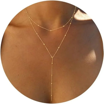 Saashi Gold Y-Shaped Pendant Necklace 14k Gold Plated Layered Beaded Chain Drop Gift