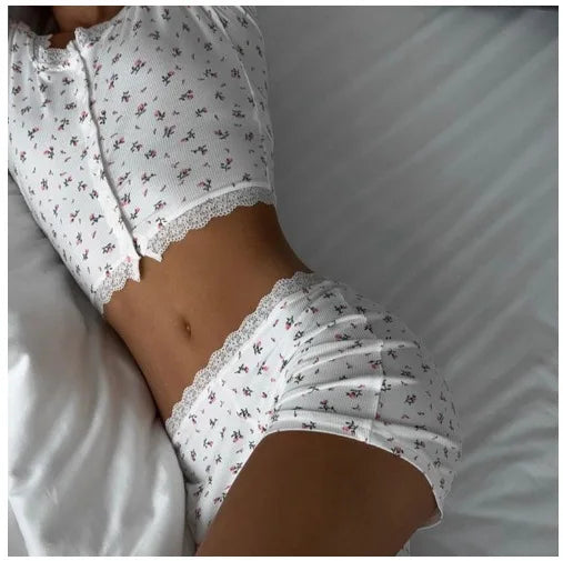 Saashi Cottagecore Floral Lace-Trimmed Pajama Set