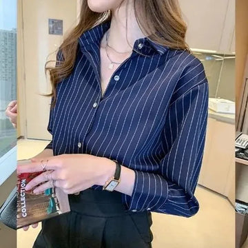 Saashi Women's Striped Summer Vintage Chic Loose Long Sleeve Y2K Office Blouse.